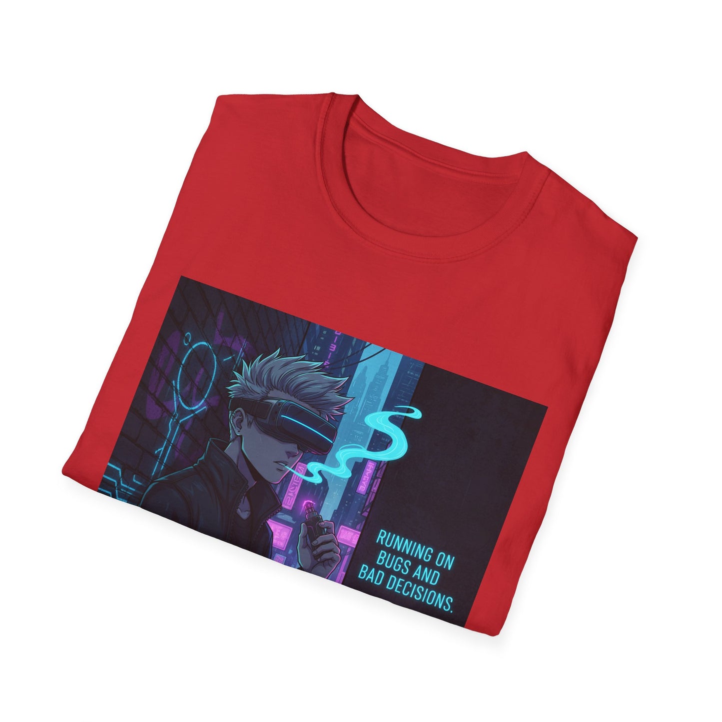Cyberpunk Vaporwave T-Shirt – “Running on Bugs and Bad Decisions” | Futuristic Hacker Streetwear