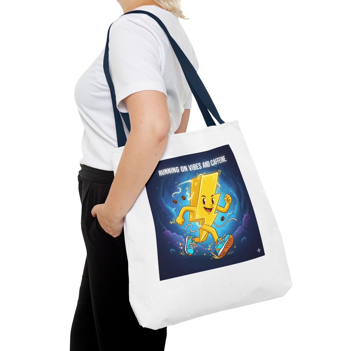 Running on Vibes Tote Bag | Colorful Fun Bag, Eco-Friendly Shopper, Gift for Coffee Lovers, Reusable Daily Tote, Vibrant Cartoon Design