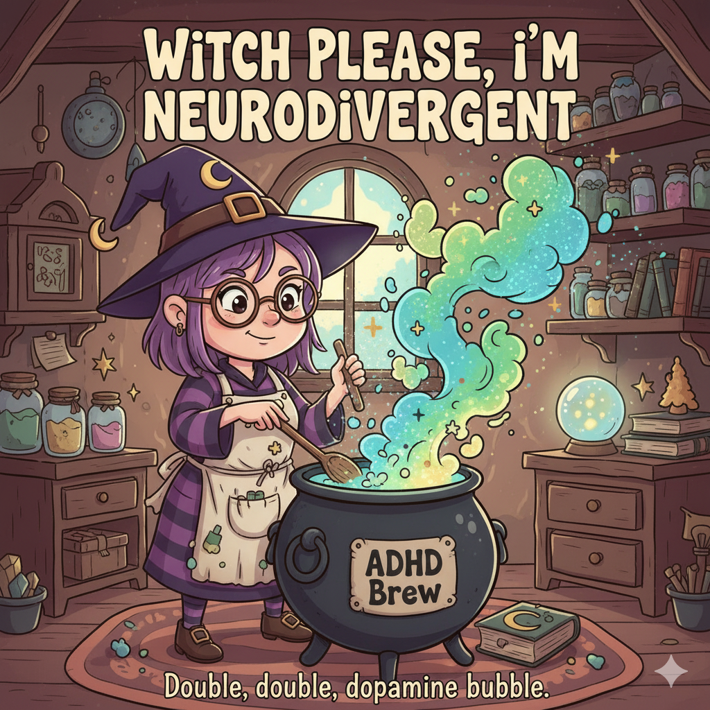 Whimsical witch stirring a bubbling cauldron with holiday magic on a cozy sweater design