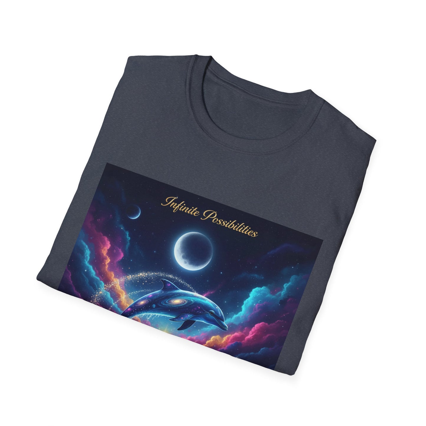 Cosmic Dolphin Art T-Shirt - Unisex Softstyle Tee for Dreamers, Gift for Ocean Lovers, Summer Vibes, Unique Artwork Clothing