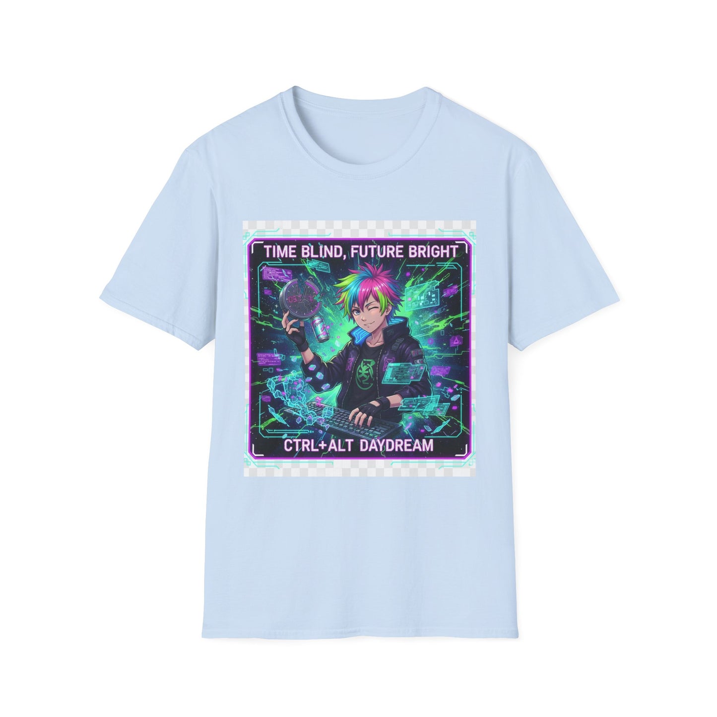 Cyberpunk Anime T-Shirt – ‘Time Blind Future Bright’ | Neurospicy Gamer Humor Tee, ADHD Pride Otaku Streetwear