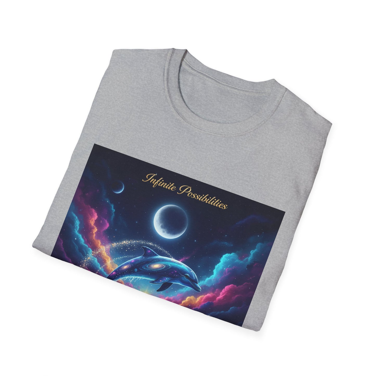 Cosmic Dolphin Art T-Shirt - Unisex Softstyle Tee for Dreamers, Gift for Ocean Lovers, Summer Vibes, Unique Artwork Clothing