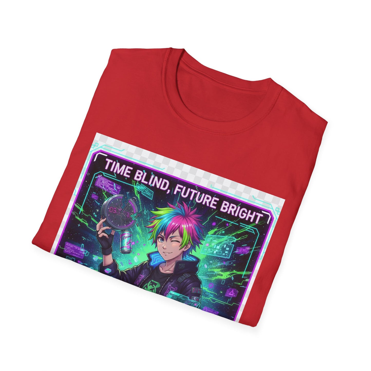 Cyberpunk Anime T-Shirt – ‘Time Blind Future Bright’ | Neurospicy Gamer Humor Tee, ADHD Pride Otaku Streetwear