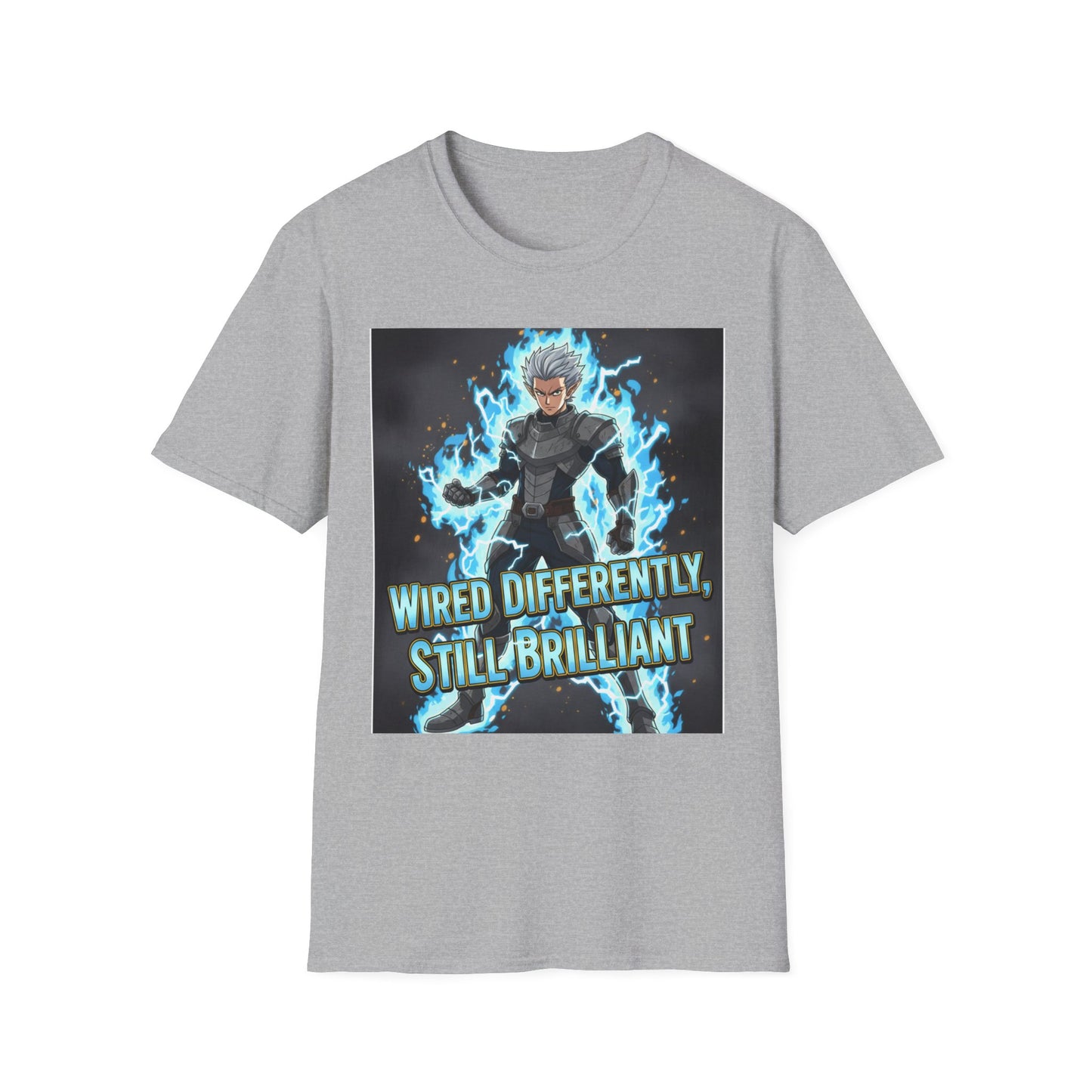 Anime-inspired lightning warrior design with "Wired Differently, Still Brilliant" motto representing ADHD/Autism pride printed on a grey unisex tee.