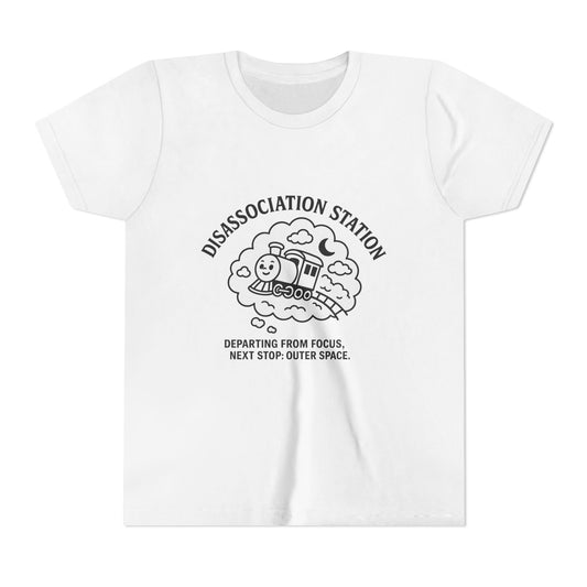Disassociation Station Kids Tee - Fun Train Graphic, Youth Short Sleeve Shirt, Gift for Kids, Casual Everyday Wear, Cool Summer Top