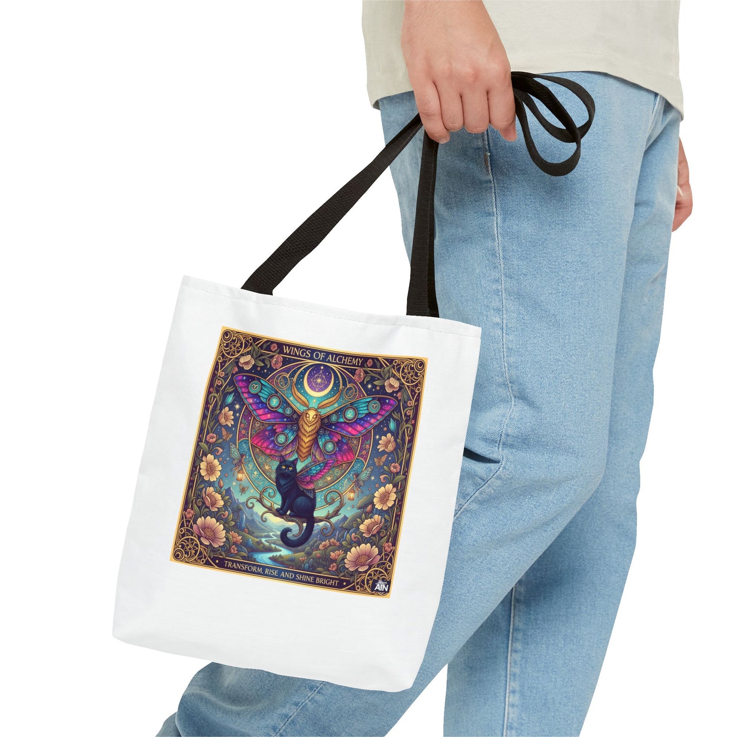 Mystical Cat Tote Bag | Boho Butterfly Design | Eco-friendly Bag | Gift for Nature Lovers | Stylish Shopping & Gym Bag