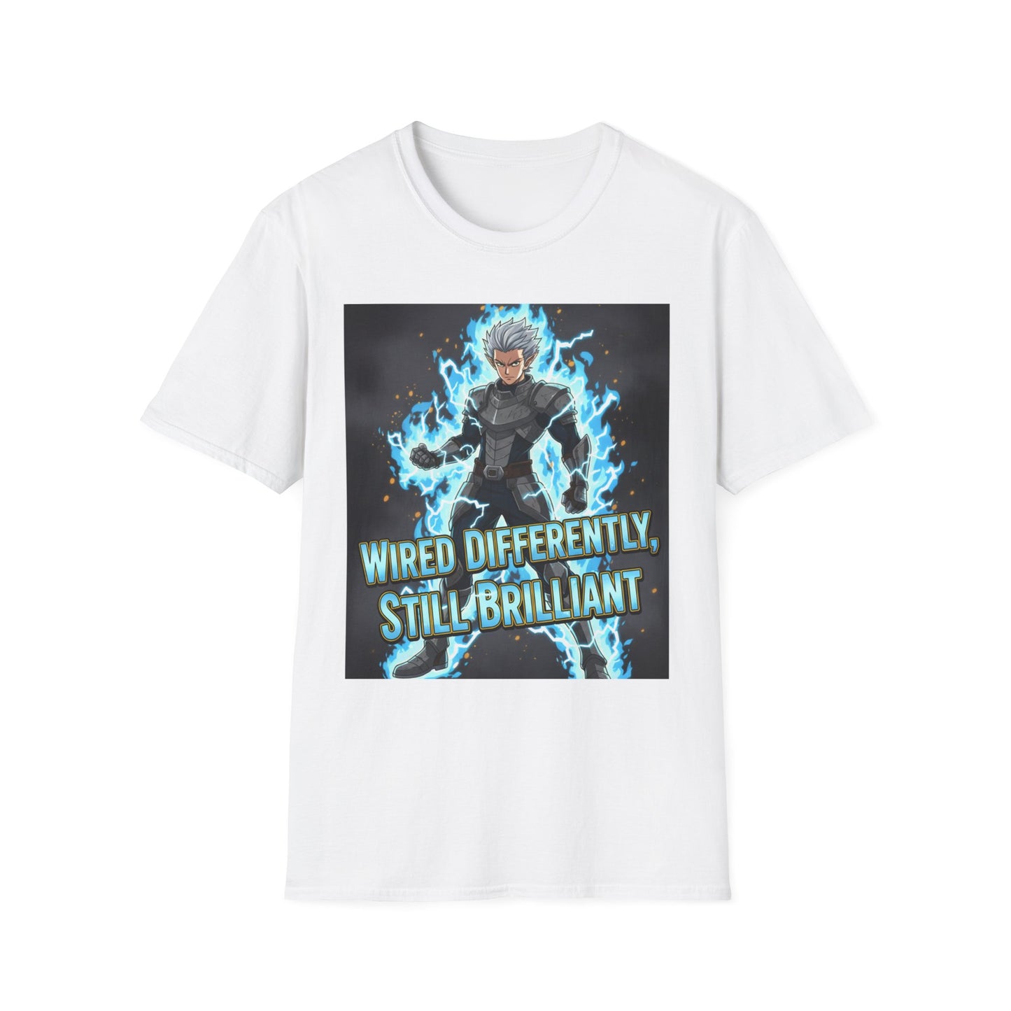 Anime-inspired lightning warrior design with "Wired Differently, Still Brilliant" motto representing ADHD/Autism pride printed on a white unisex tee.