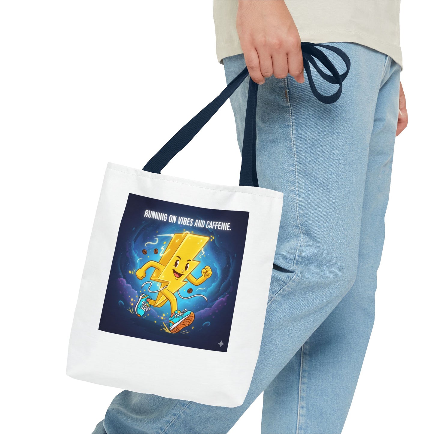 Running on Vibes Tote Bag | Colorful Fun Bag, Eco-Friendly Shopper, Gift for Coffee Lovers, Reusable Daily Tote, Vibrant Cartoon Design