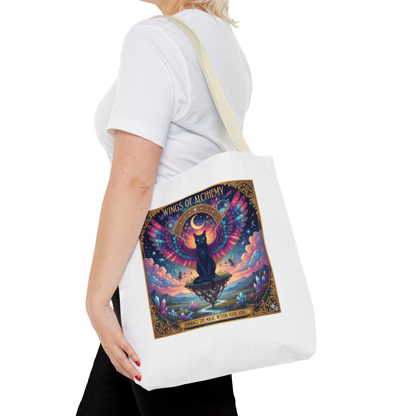 Wings of Alchemy Tote Bag, Colorful Art Tote, Cat Lover Gift, Bohemian Style Bag, Eco-Friendly Shopping Tote