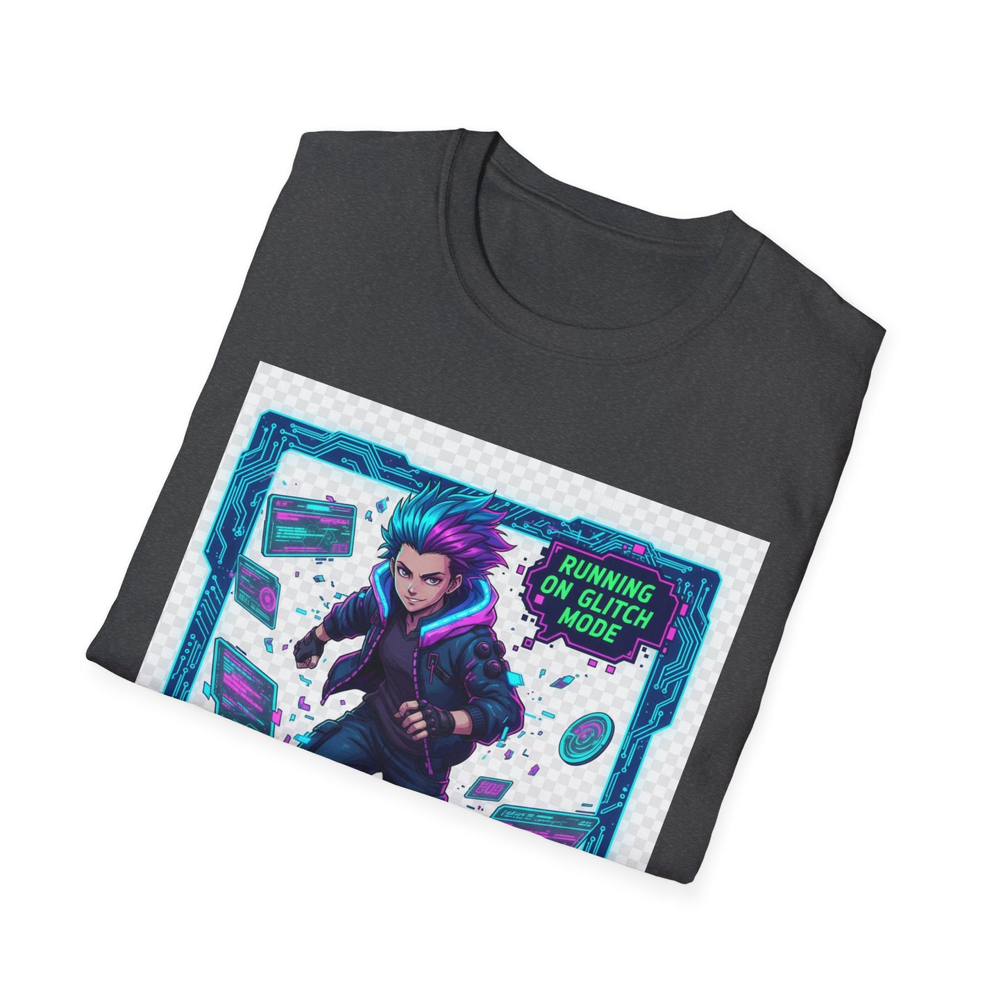 Cyberpunk Anime T-Shirt – ‘Running on Glitch Mode’ | Gamer Humor Tee, Neurospicy Pride Shirt, Otaku Streetwear Top