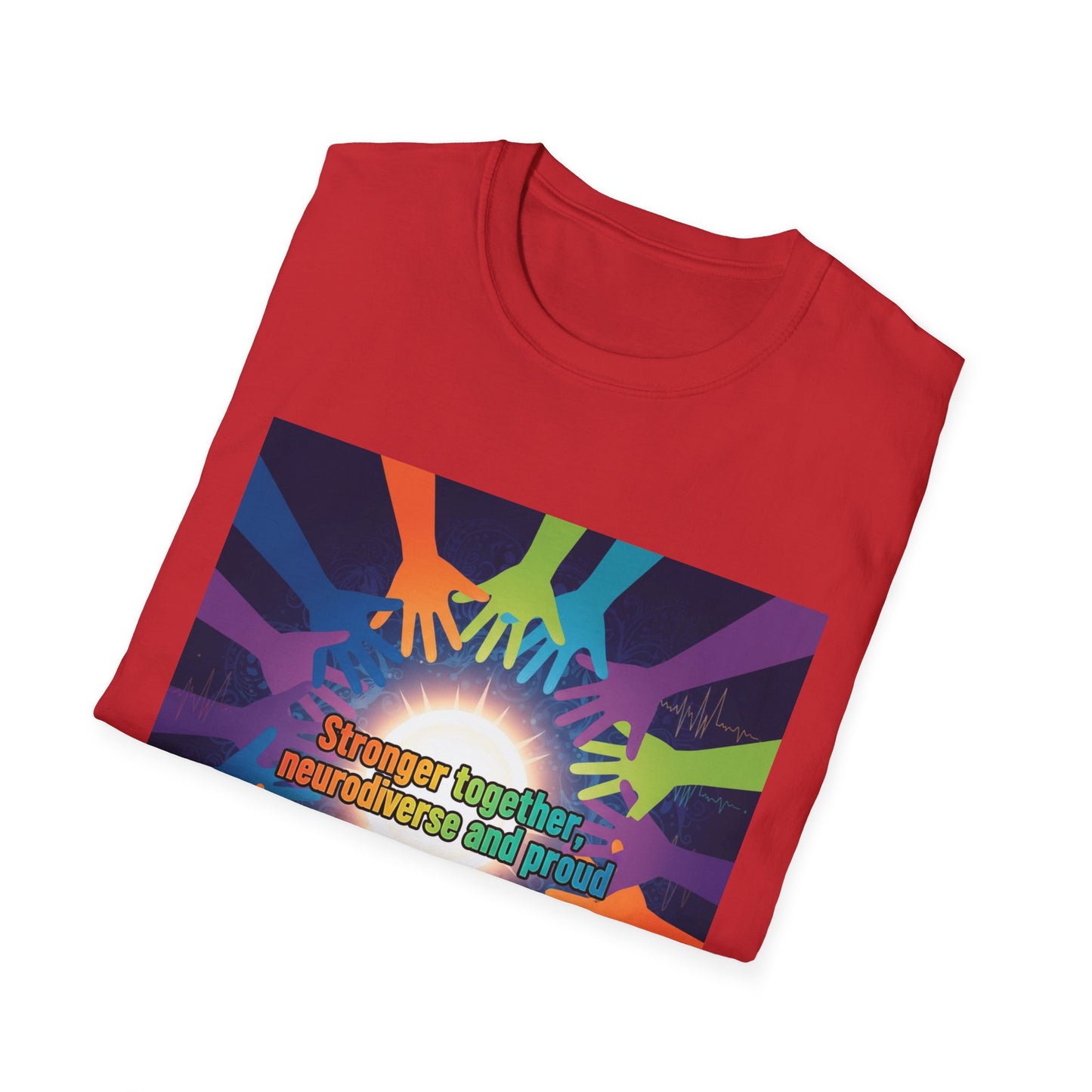 "Stronger Together, Neurodiverse and Proud" Unity T-Shirt – Colorful Hands Design on White Tee
