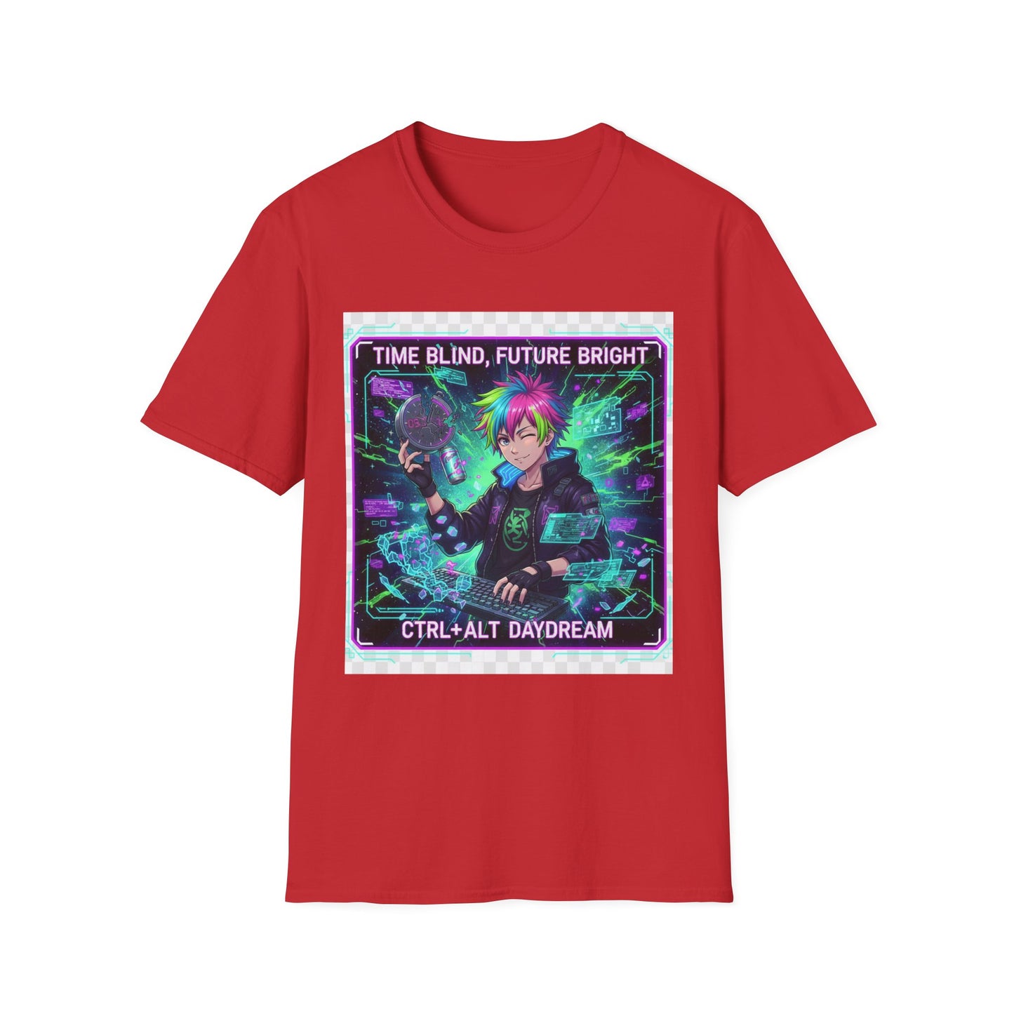 Cyberpunk Anime T-Shirt – ‘Time Blind Future Bright’ | Neurospicy Gamer Humor Tee, ADHD Pride Otaku Streetwear
