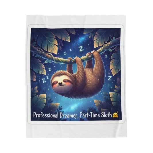 Dreamy sloth blanket featuring a smiling sloth hanging lazily from a jungle branch with glowing stars and leaves on a dark blue background