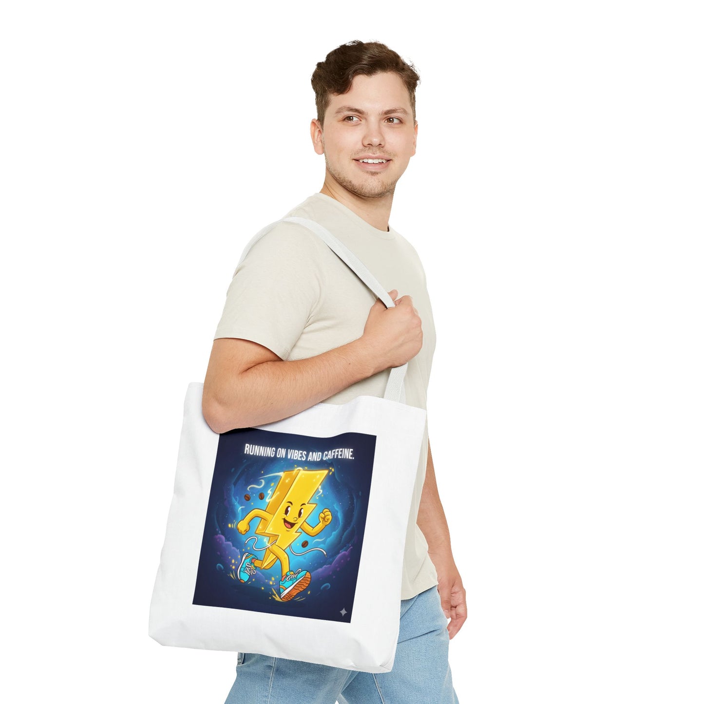 Running on Vibes Tote Bag | Colorful Fun Bag, Eco-Friendly Shopper, Gift for Coffee Lovers, Reusable Daily Tote, Vibrant Cartoon Design