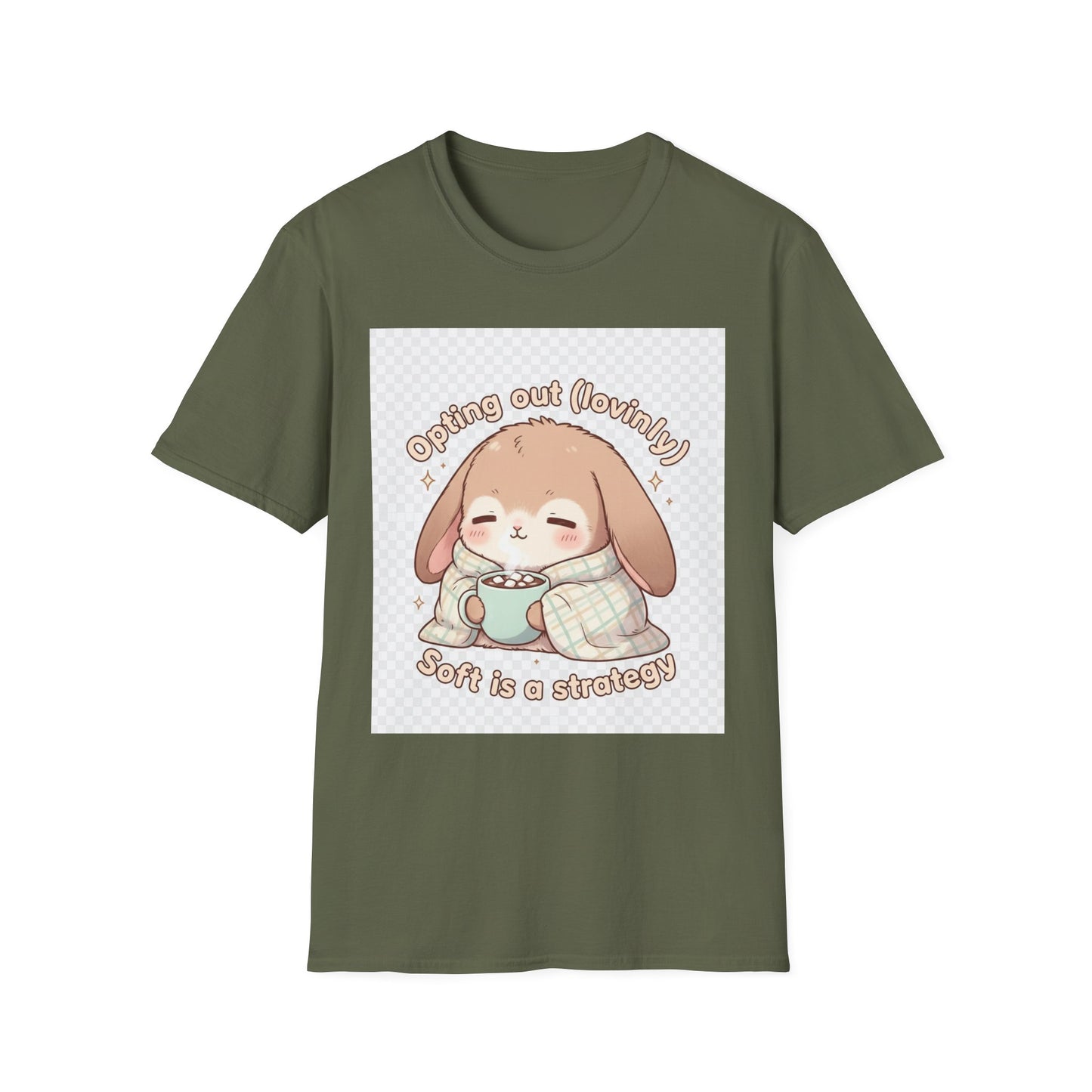 Opting Out Lovingly Bunny T-Shirt | Kawaii Self-Care Tee, Soft Mode Strategy Shirt, Cozy Neurospicy Anime Top