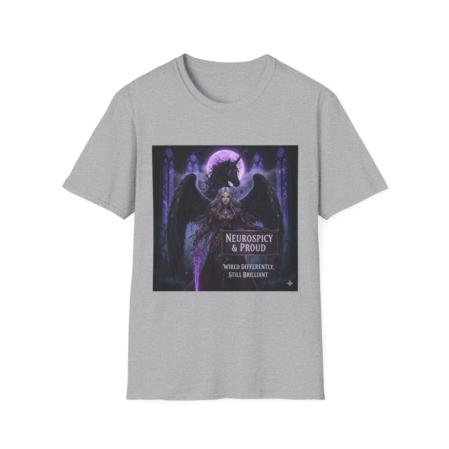 Empowering Gothic Fantasy Tee – Angelic Warrior & Dragon Design