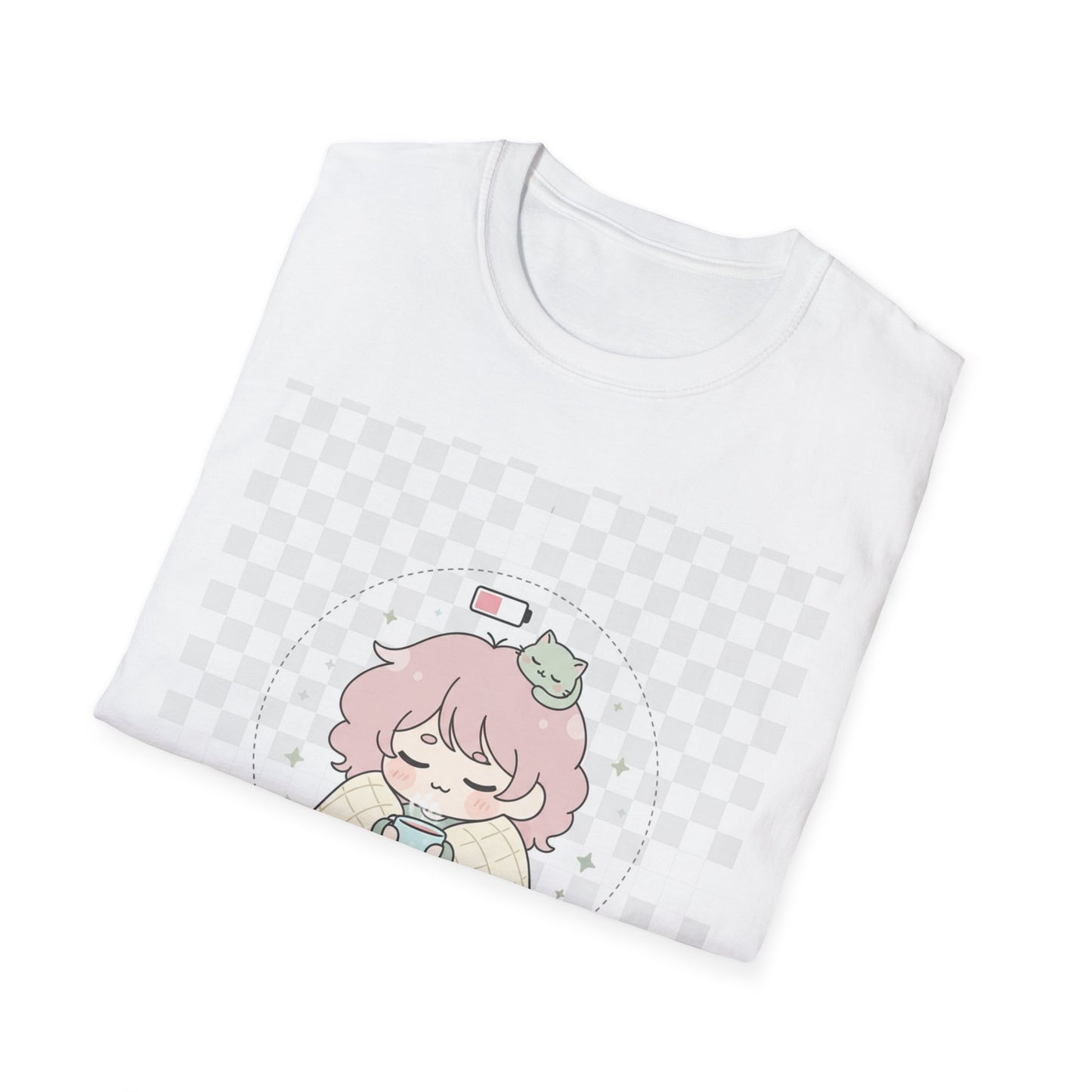Kawaii Cozy T-Shirt – ‘Battery 10% Soft Mode’ | Neurospicy Self-Care Tee, Low Energy Day Anime Shirt