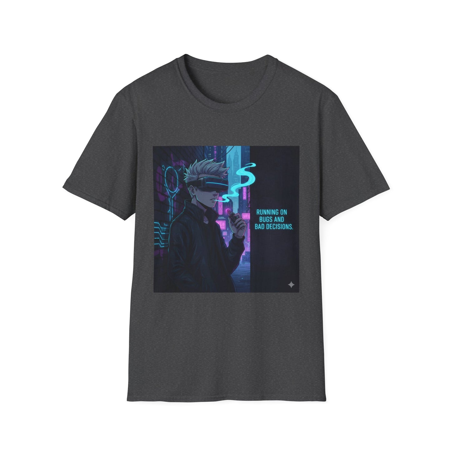 Cyberpunk Vaporwave T-Shirt – “Running on Bugs and Bad Decisions” | Futuristic Hacker Streetwear