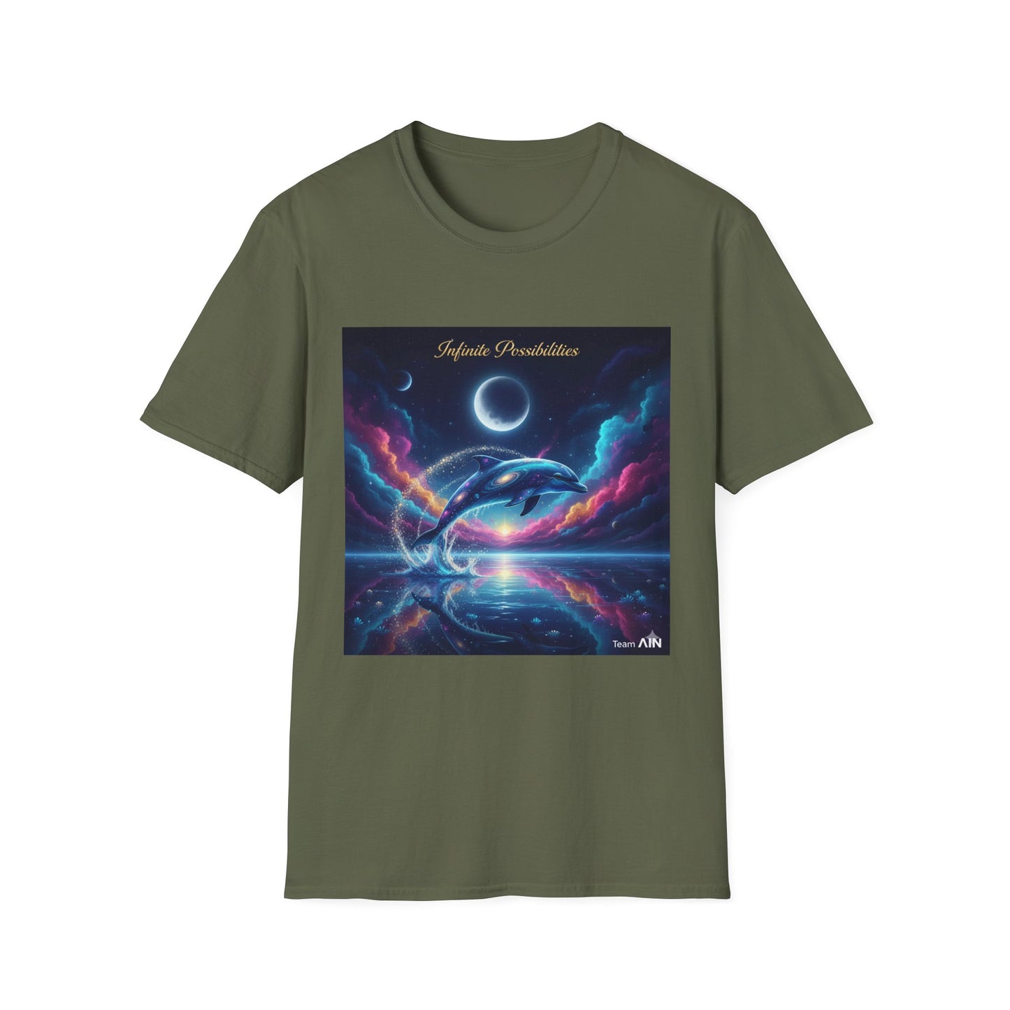 Cosmic Dolphin Art T-Shirt - Unisex Softstyle Tee for Dreamers, Gift for Ocean Lovers, Summer Vibes, Unique Artwork Clothing