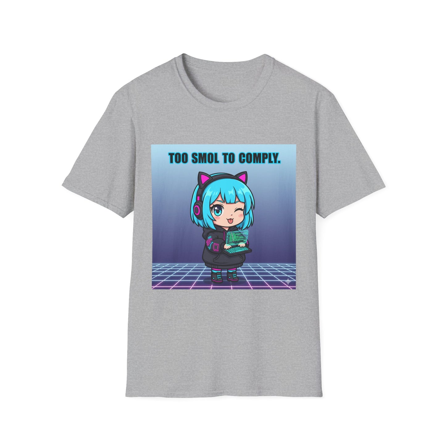 Chibi Hacker T-Shirt – “Too Smol to Comply” | Cute Cyberpunk Gamer Graphic Tee