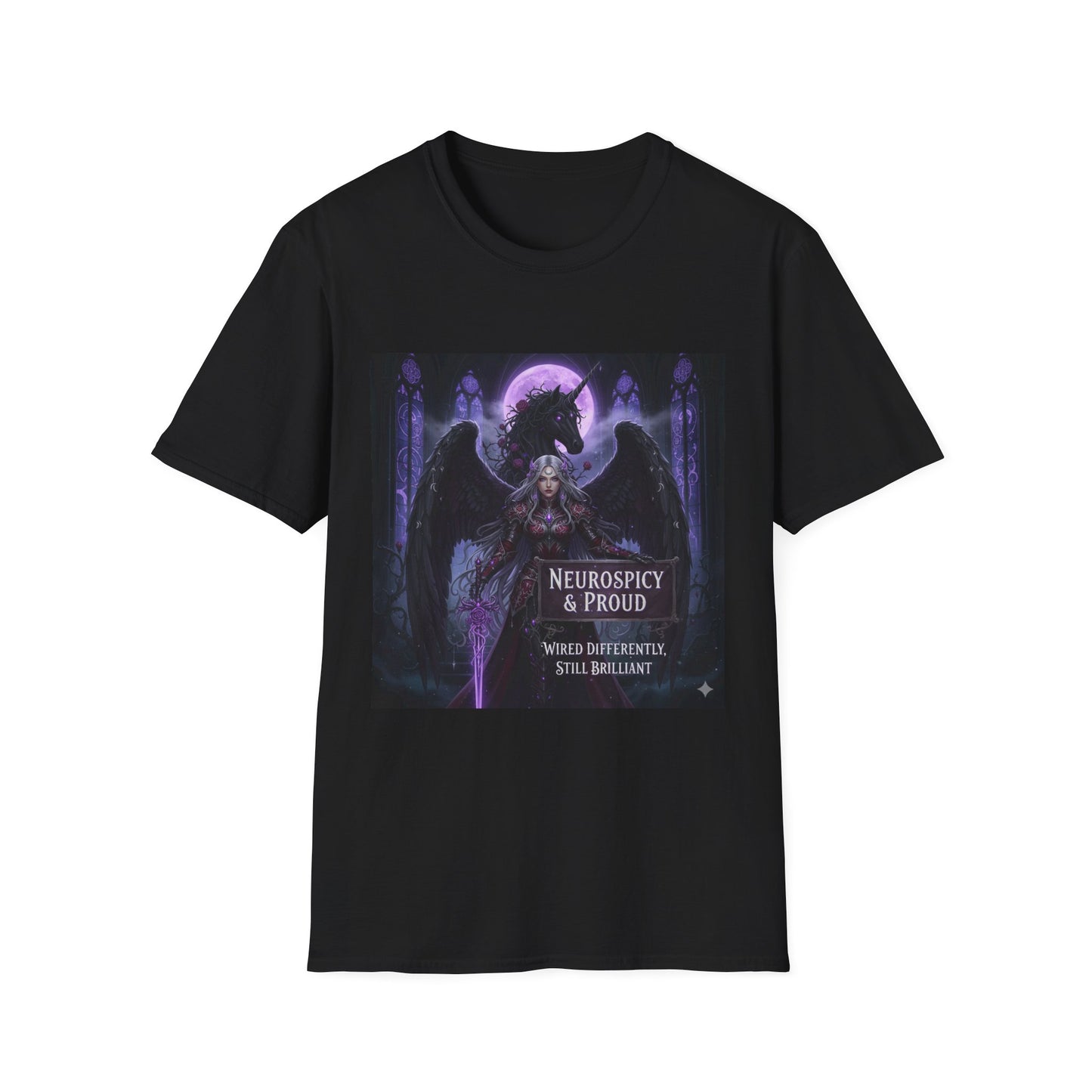 Empowering Gothic Fantasy Tee – Angelic Warrior & Dragon Design