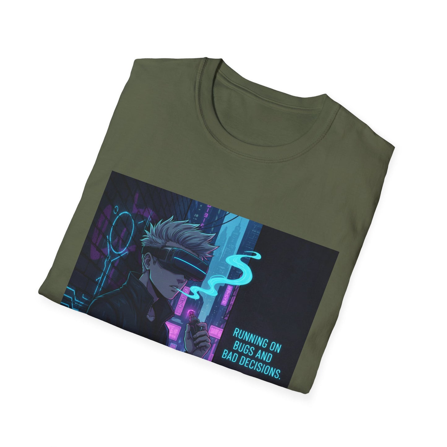 Cyberpunk Vaporwave T-Shirt – “Running on Bugs and Bad Decisions” | Futuristic Hacker Streetwear