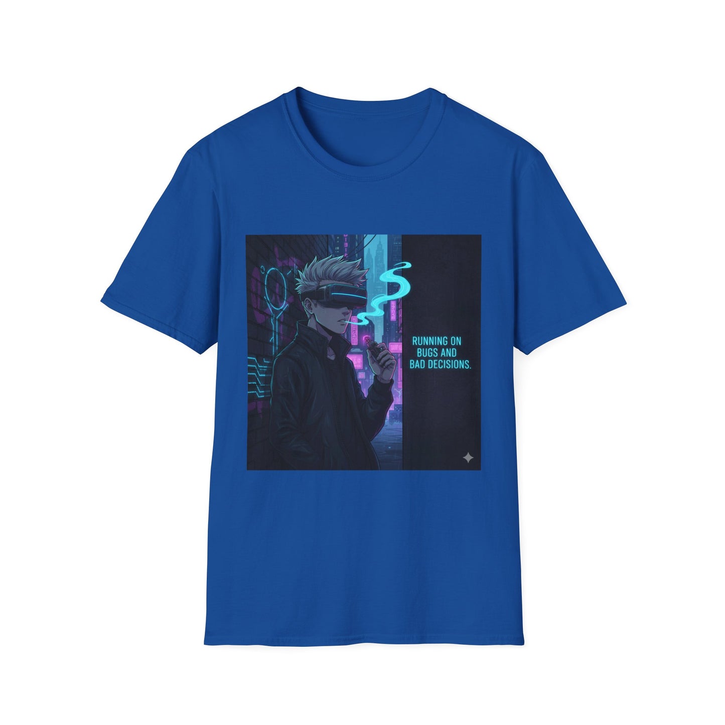 Cyberpunk Vaporwave T-Shirt – “Running on Bugs and Bad Decisions” | Futuristic Hacker Streetwear