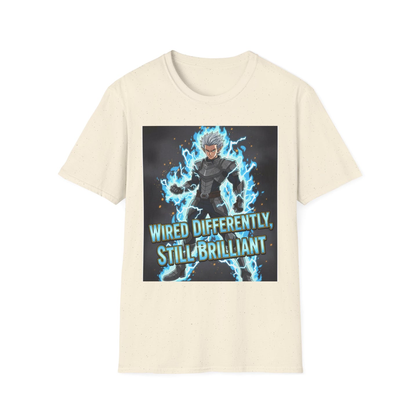 Anime-inspired lightning warrior design with "Wired Differently, Still Brilliant" motto representing ADHD/Autism pride printed on a beige speckled unisex tee.