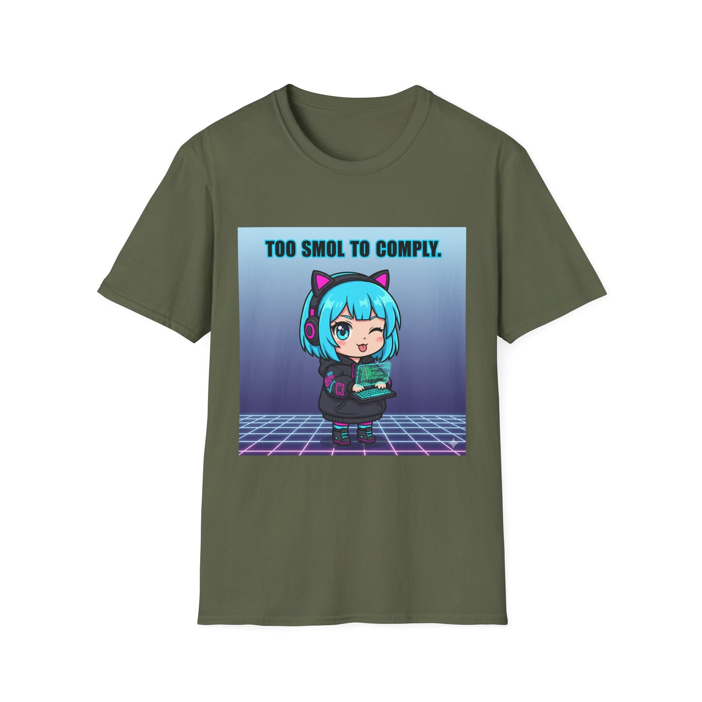 Chibi Hacker T-Shirt – “Too Smol to Comply” | Cute Cyberpunk Gamer Graphic Tee