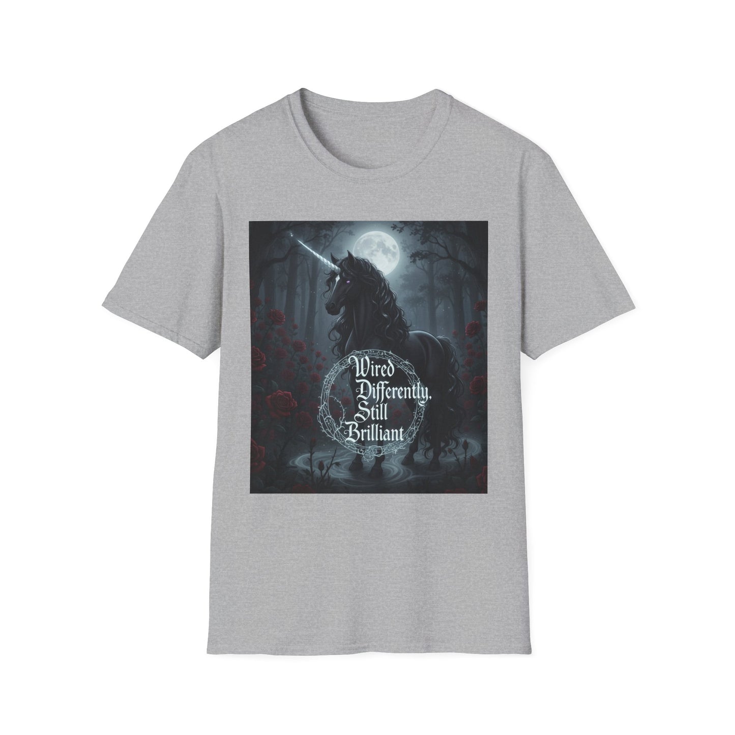 Majestic unicorn silhouette under a full moon with 'Wired Differently, Still Brilliant' gothic text symbolizing neurodiversity and ADHD/Autism pride printed on a grey unisex tee.
