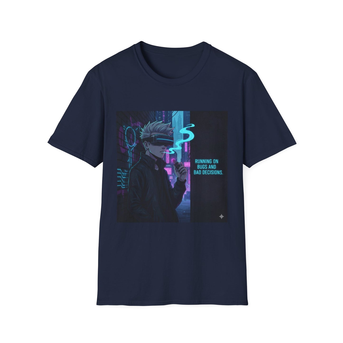 Cyberpunk Vaporwave T-Shirt – “Running on Bugs and Bad Decisions” | Futuristic Hacker Streetwear