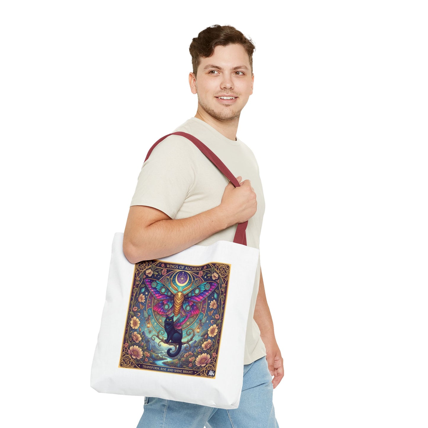 Mystical Cat Tote Bag | Boho Butterfly Design | Eco-friendly Bag | Gift for Nature Lovers | Stylish Shopping & Gym Bag