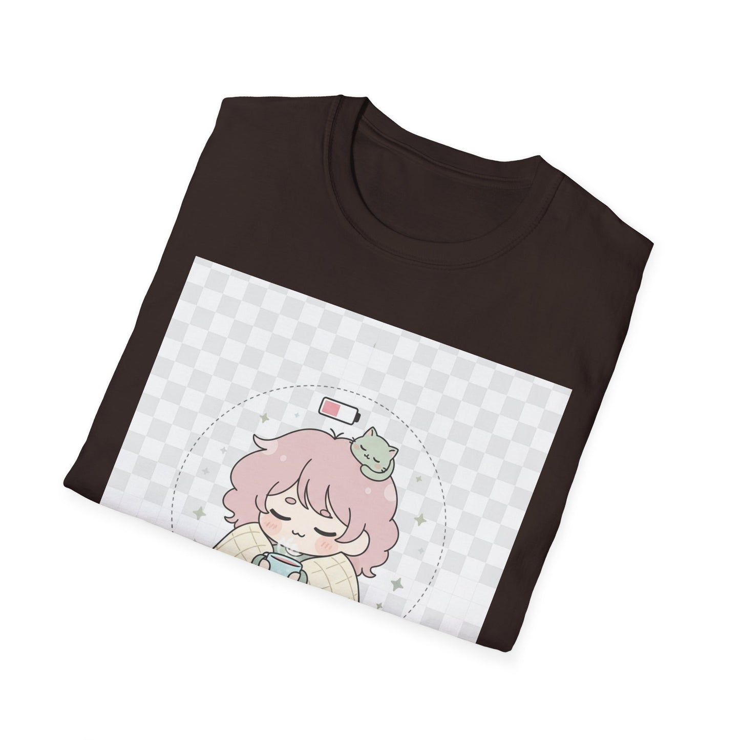 Kawaii Cozy T-Shirt – ‘Battery 10% Soft Mode’ | Neurospicy Self-Care Tee, Low Energy Day Anime Shirt