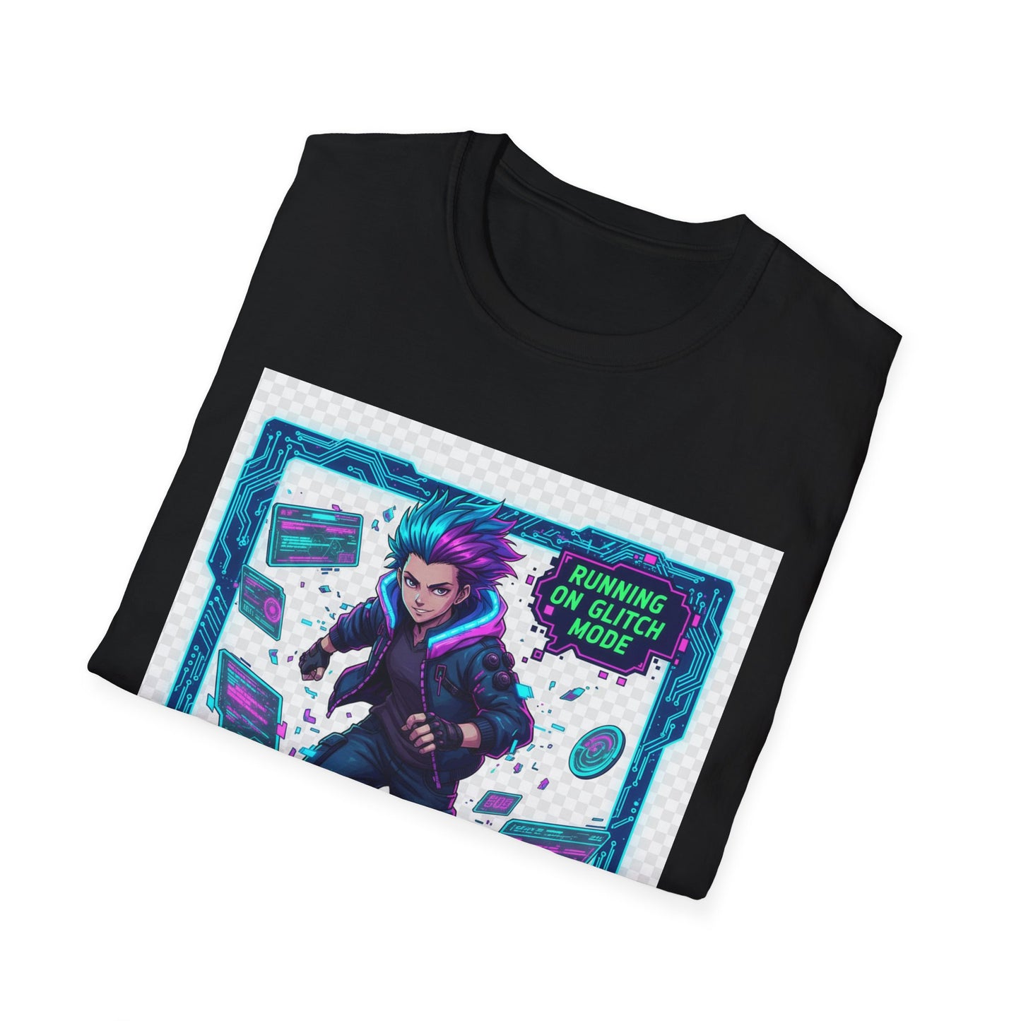 Cyberpunk Anime T-Shirt – ‘Running on Glitch Mode’ | Gamer Humor Tee, Neurospicy Pride Shirt, Otaku Streetwear Top
