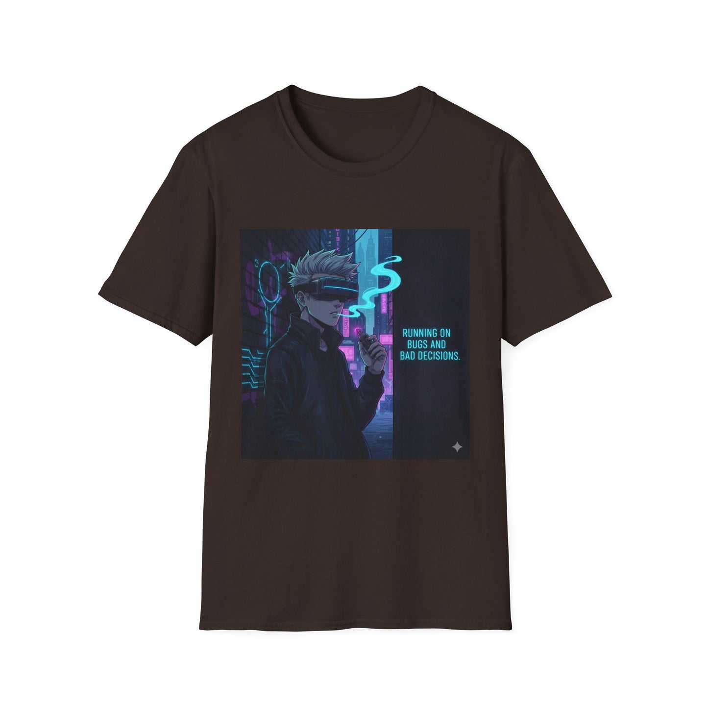 Cyberpunk Vaporwave T-Shirt – “Running on Bugs and Bad Decisions” | Futuristic Hacker Streetwear