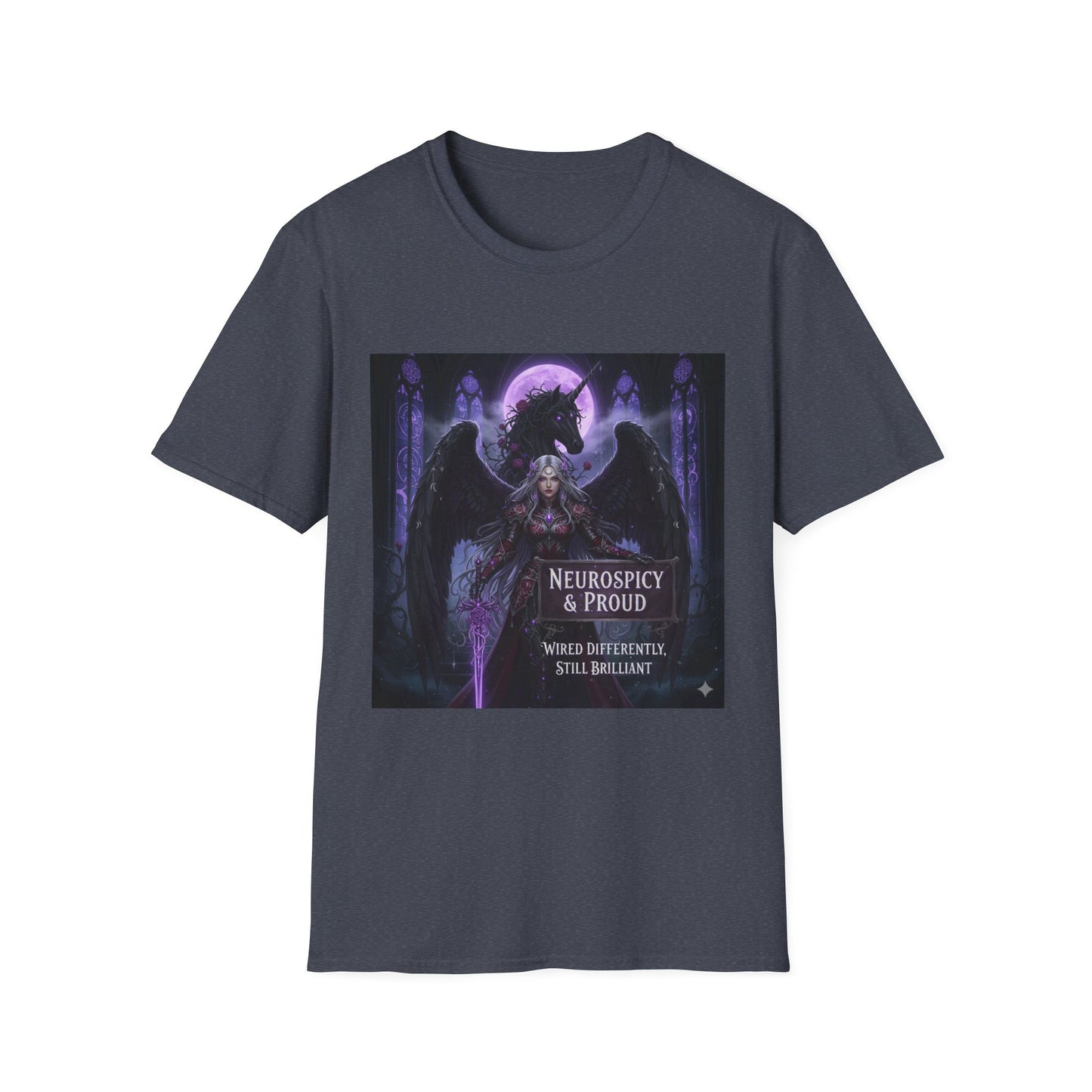 Empowering Gothic Fantasy Tee – Angelic Warrior & Dragon Design