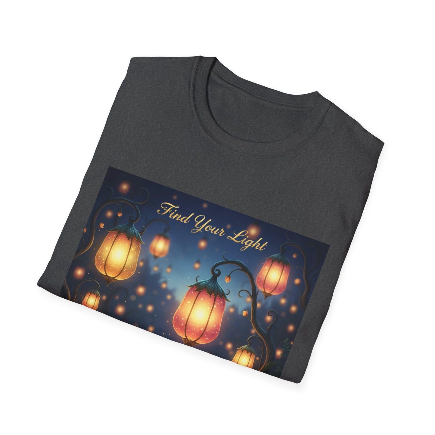 Enchanting 'Find Your Light' Unisex Softstyle T-Shirt, Inspirational Tee, Nature Lover Gift, Cozy Casual Wear, Lantern Art Shirt