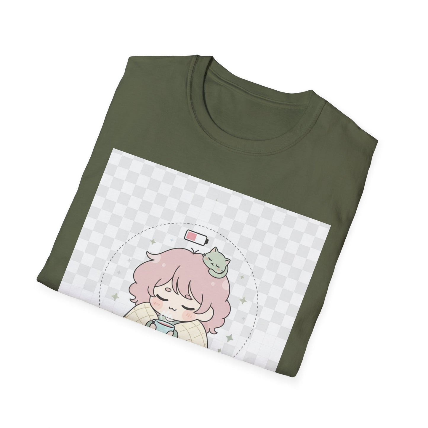 Kawaii Cozy T-Shirt – ‘Battery 10% Soft Mode’ | Neurospicy Self-Care Tee, Low Energy Day Anime Shirt