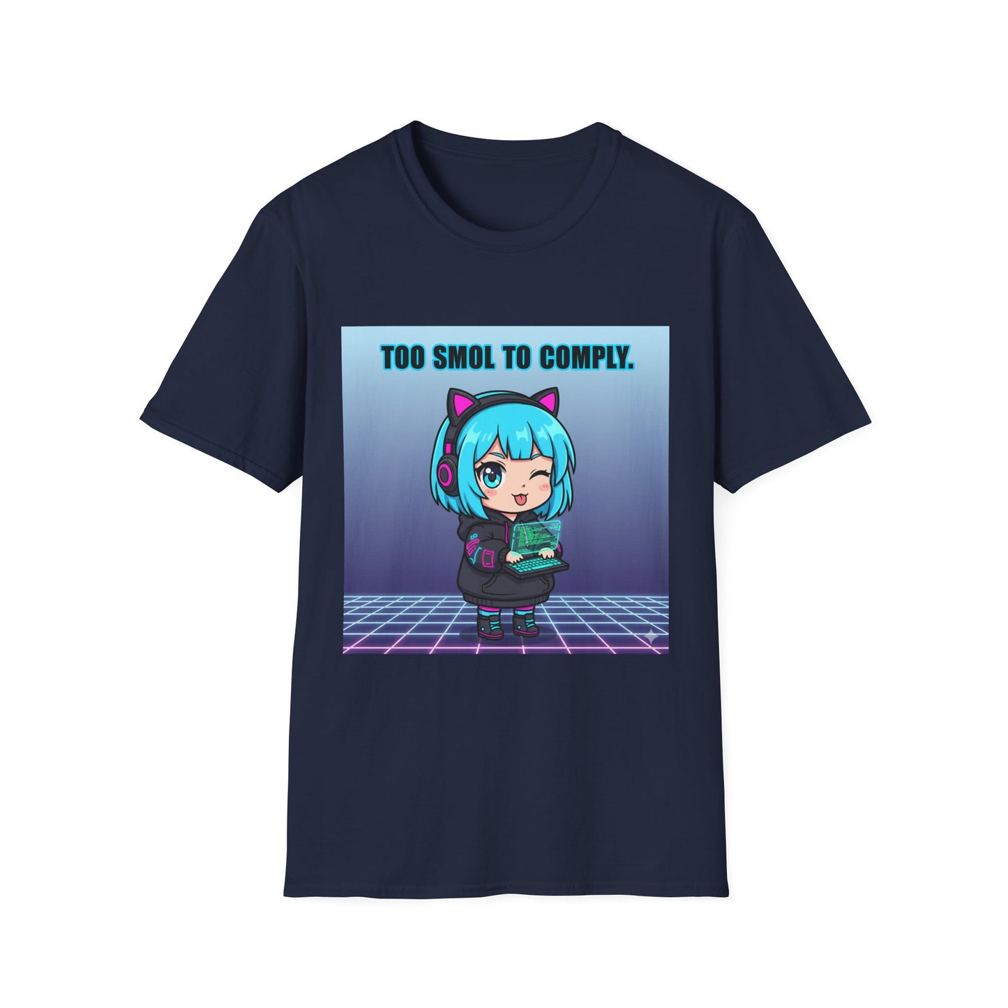 Chibi Hacker T-Shirt – “Too Smol to Comply” | Cute Cyberpunk Gamer Graphic Tee