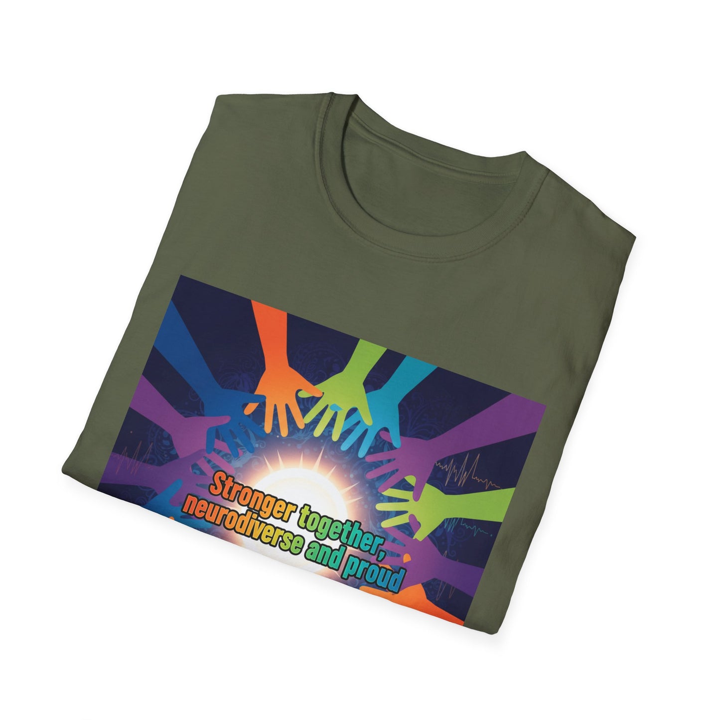 "Stronger Together, Neurodiverse and Proud" Unity T-Shirt – Colorful Hands Design on White Tee
