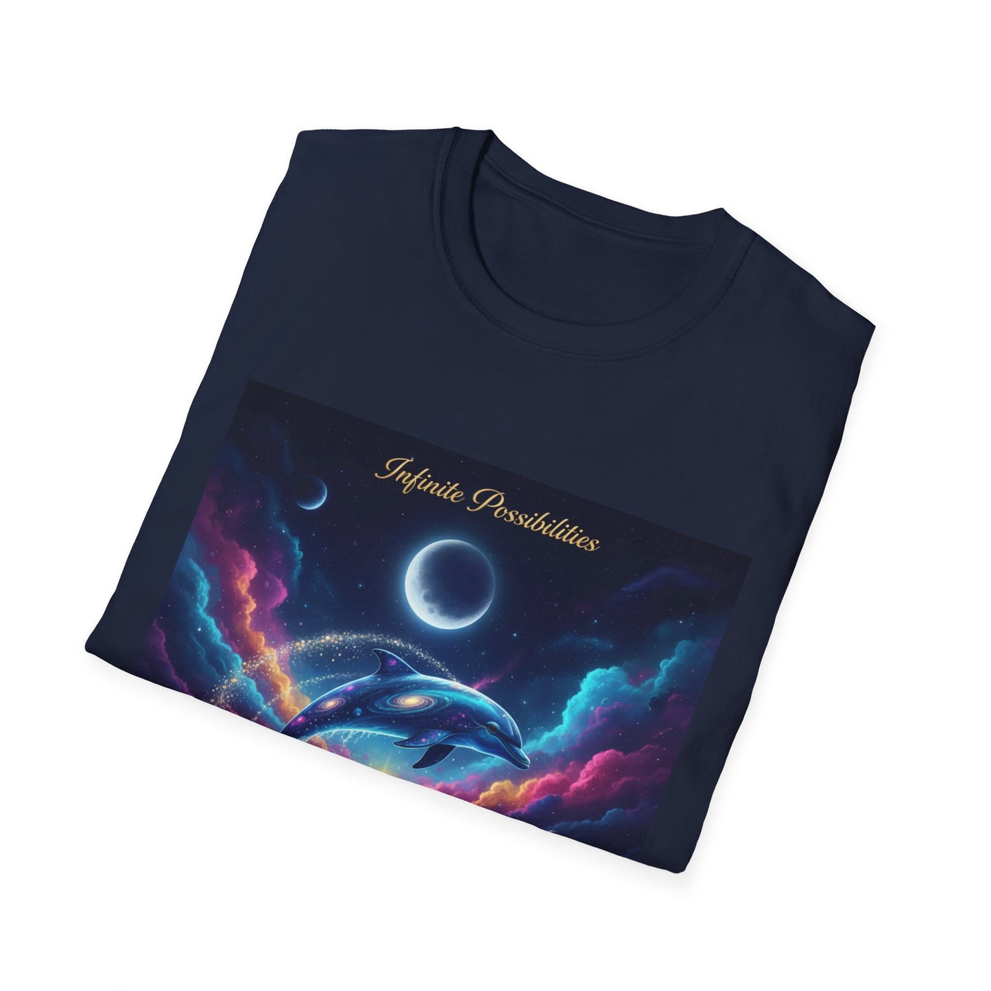 Cosmic Dolphin Art T-Shirt - Unisex Softstyle Tee for Dreamers, Gift for Ocean Lovers, Summer Vibes, Unique Artwork Clothing