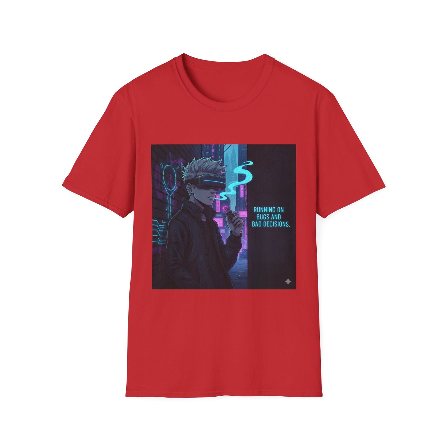 Cyberpunk Vaporwave T-Shirt – “Running on Bugs and Bad Decisions” | Futuristic Hacker Streetwear