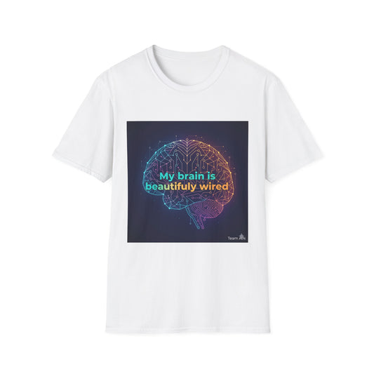 "My Brain Is Beautifully Wired" Neurodiversity T-Shirt – Circuit Brain Design on White Tee