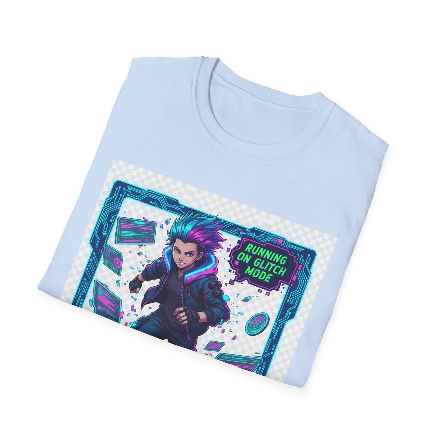 Cyberpunk Anime T-Shirt – ‘Running on Glitch Mode’ | Gamer Humor Tee, Neurospicy Pride Shirt, Otaku Streetwear Top