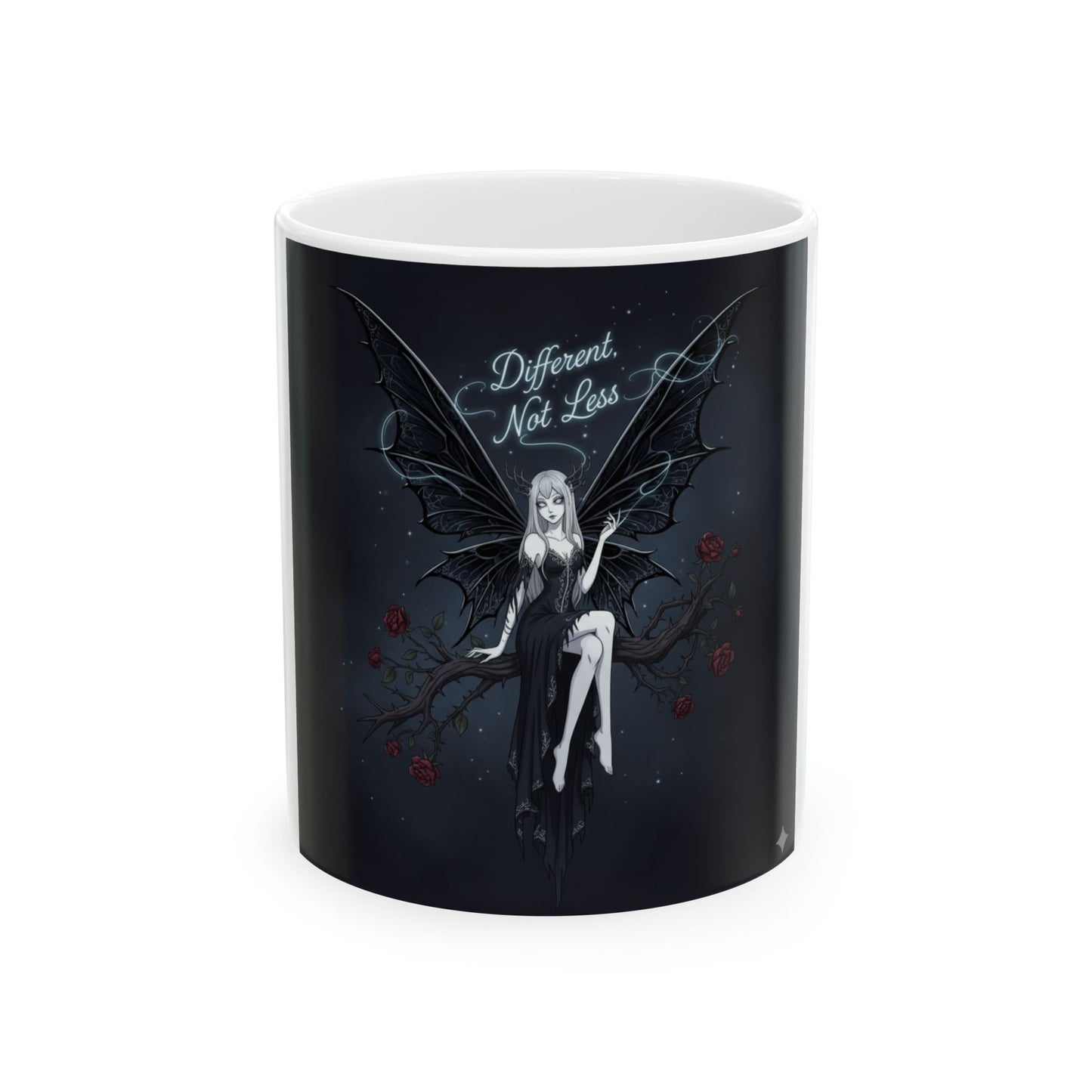 Gothic Fairy Ceramic Mug - 'Different Not Less', Unique Gift for Art Lovers, Fantasy Decor, Halloween, Witchy Coffee Mug