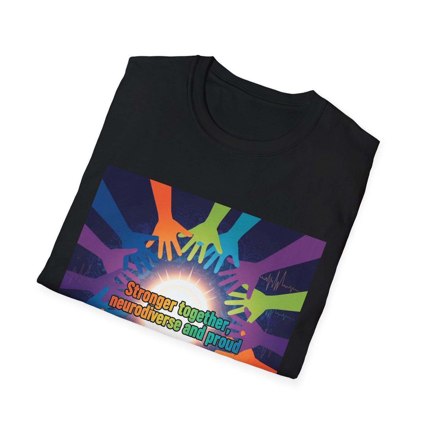 "Stronger Together, Neurodiverse and Proud" Unity T-Shirt – Colorful Hands Design on White Tee