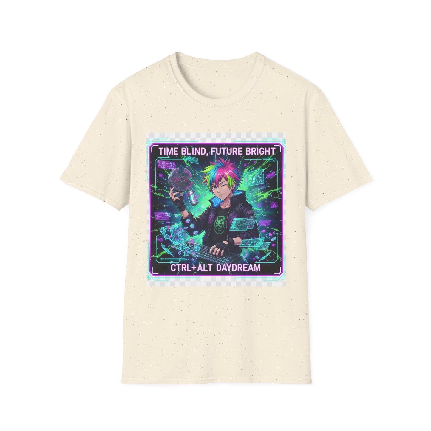 Cyberpunk Anime T-Shirt – ‘Time Blind Future Bright’ | Neurospicy Gamer Humor Tee, ADHD Pride Otaku Streetwear