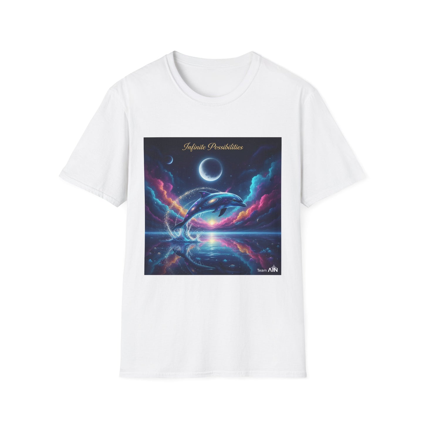 Cosmic Dolphin Art T-Shirt - Unisex Softstyle Tee for Dreamers, Gift for Ocean Lovers, Summer Vibes, Unique Artwork Clothing
