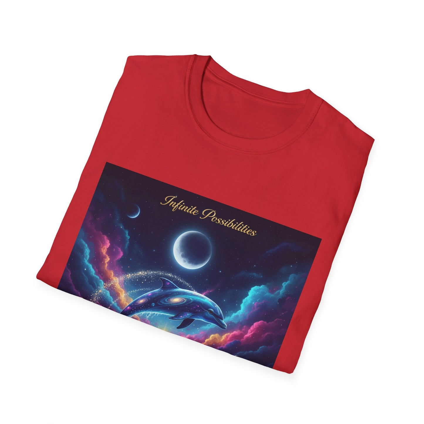 Cosmic Dolphin Art T-Shirt - Unisex Softstyle Tee for Dreamers, Gift for Ocean Lovers, Summer Vibes, Unique Artwork Clothing