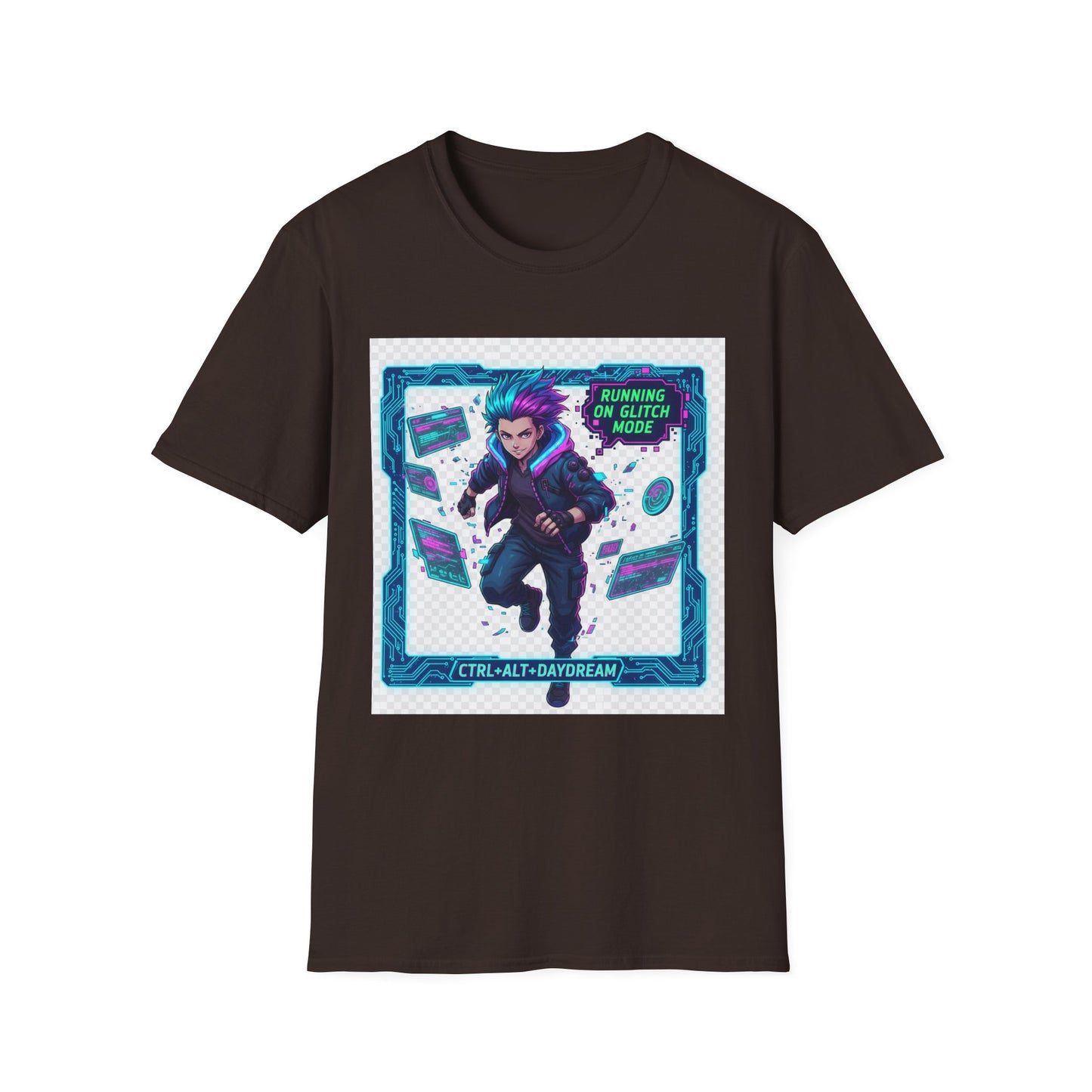 Cyberpunk Anime T-Shirt – ‘Running on Glitch Mode’ | Gamer Humor Tee, Neurospicy Pride Shirt, Otaku Streetwear Top